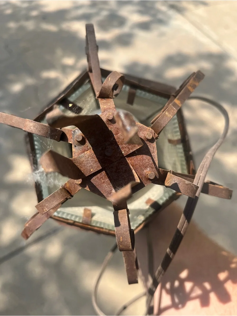 Vintage Spanish Revival Wrought Iron Outdoor Lantern Wall‎ Bracket Scroll Glass